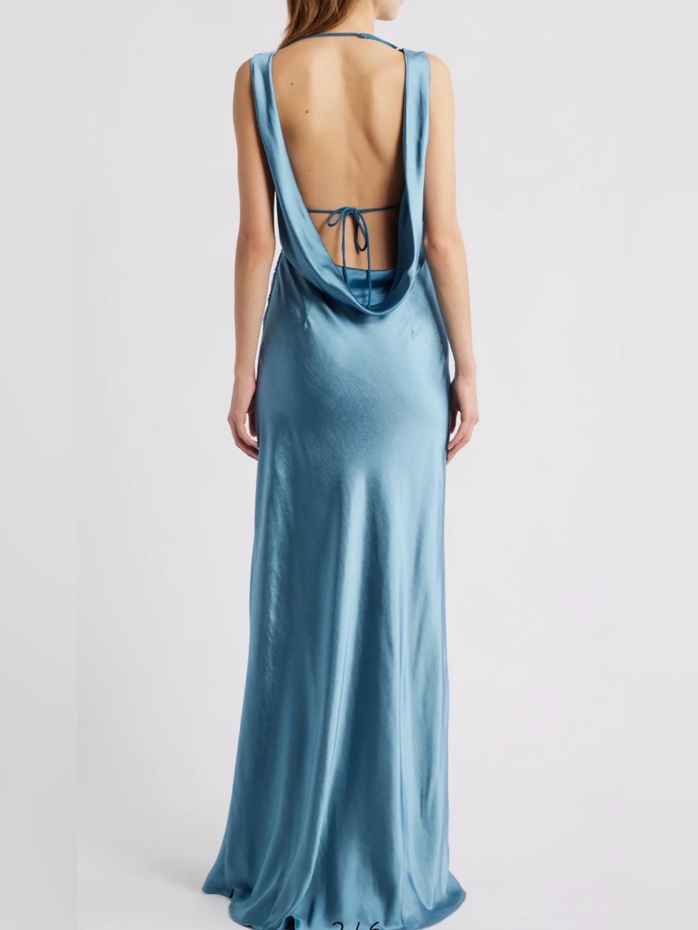 Lucy Paris Satin Cowl-Back Slip Dress in Dusty Blue, XS